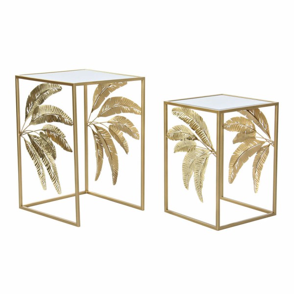 Σετ με 2 τραπέζια DKD Home Decor Καθρέφτης Χρυσό Μέταλλο Τροπικό Φύλλο φυτού (40,5 x 40,5 x 61 cm)