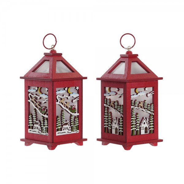 Lanterne DKD Home Decor Χριστουγεννιάτικο στεφάνι Λευκό Κόκκινο Ξύλο Σπίτι (9 x 9 x 18 cm) (2 pcs)