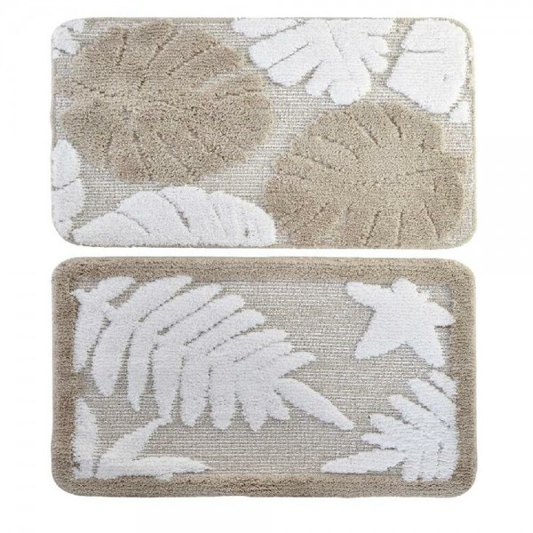Χαλάκι μπάνιου DKD Home Decor Μπεζ πολυεστέρας Λευκό (45 x 70 x 2 cm) (2 pcs)