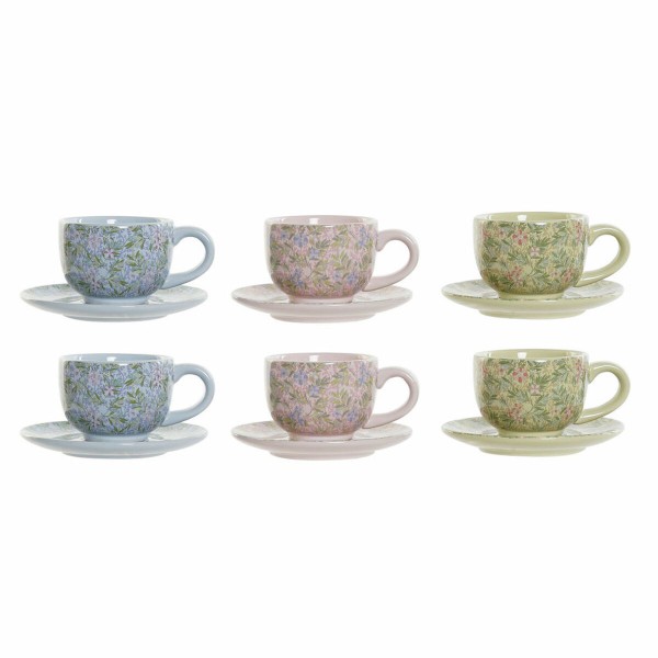 Σετ Κούπες Καφέ DKD Home Decor Μπλε Ροζ Μέταλλο Πράσινο Blomster Dolomite (6 pcs) (180 ml) (14 x 14 x 7 cm)