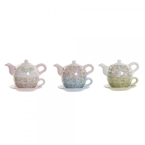 Τσαγιέρα DKD Home Decor Μπλε Ροζ Πράσινο Blomster Dolomite (18 x 13 x 15 cm) (3 pcs) (750 ml)