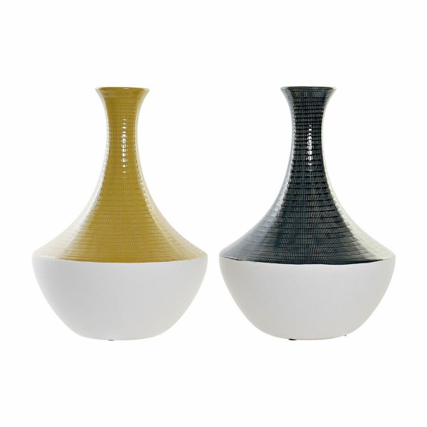 Βάζο DKD Home Decor Ώχρα Μπλε Λευκό Πήλινα Μουστάρδα (24 x 24 x 38 cm) (x2)  
