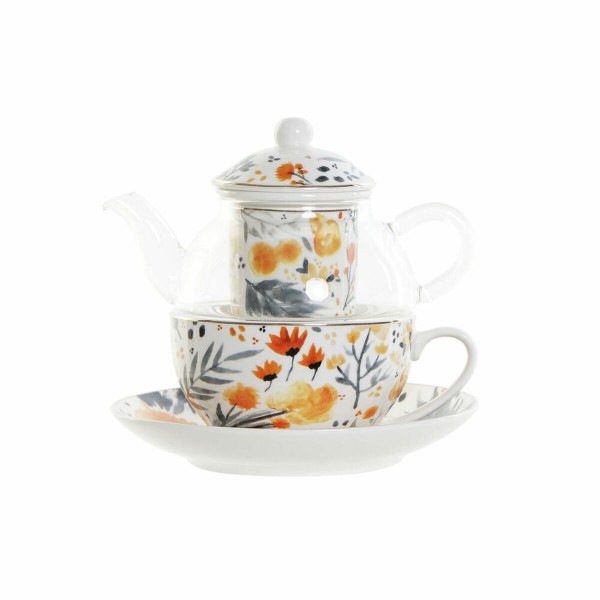 Τσαγιέρα DKD Home Decor Κρυστάλλινο Πορσελάνη Μπλε Πορτοκαλί Λευκό Blomster (250 ml) (2 pcs)