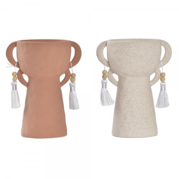 Βάζο DKD Home Decor Κρεμ Φούντες Κεραμικά τερακότα (15 x 11 x 19,5 cm) (x2)  