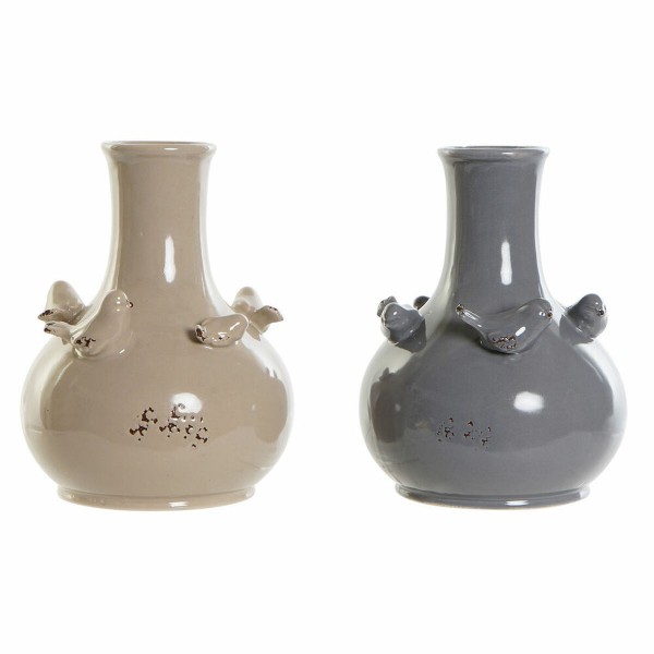 Βάζο DKD Home Decor Πορσελάνη Γκρι Μπεζ Πουλιά Shabby Chic (13.5 x 13.5 x 18 cm) (2 pcs)
