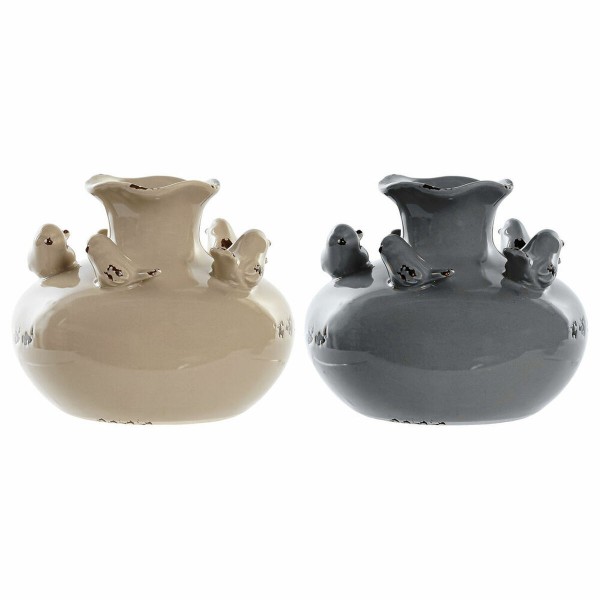 Βάζο DKD Home Decor Πορσελάνη Γκρι Μπεζ Πουλιά Shabby Chic (14.5 x 14.5 x 12 cm) (2 pcs)