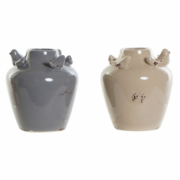 Βάζο DKD Home Decor Πορσελάνη Γκρι Μπεζ Πουλιά Shabby Chic (13 x 13 x 14.5 cm) (2 pcs)
