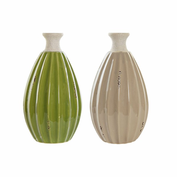 Βάζο DKD Home Decor Πορσελάνη Μπεζ Πράσινο Shabby Chic (15 x 15 x 26.5 cm) (2 pcs)