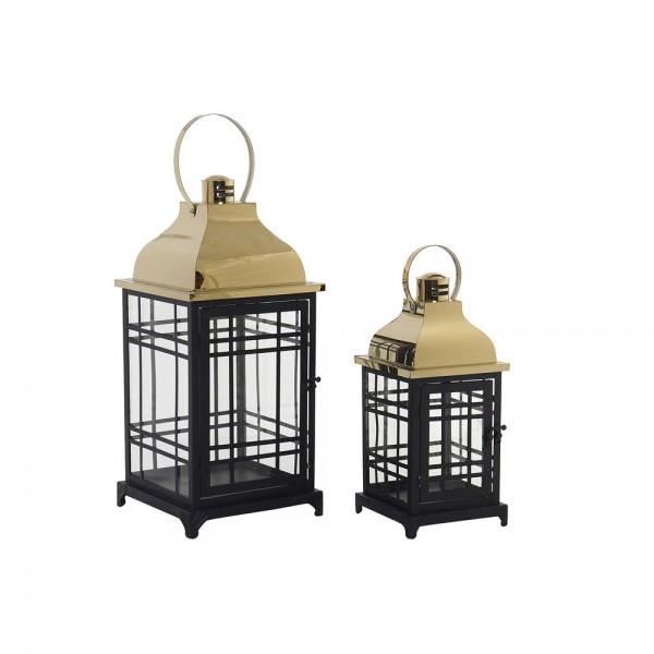 Lanterne DKD Home Decor Κρυστάλλινο Μαύρο Χρυσό Μέταλλο (16 x 16 x 36 cm) (2 pcs) (22 x 22 x 49 cm)