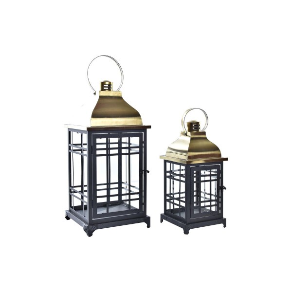 Lanterne DKD Home Decor 2 Τεμάχια Κρυστάλλινο Μαύρο Χρυσό Μέταλλο (22 x 22 x 57 cm)
