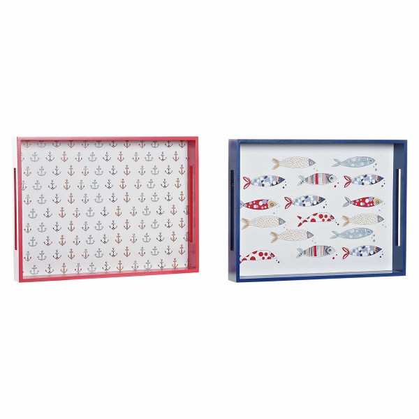 Δίσκος για σνακ DKD Home Decor Μπλε Κοράλι Ξύλο MDF Μεσογείακός 40 x 30 x 5 cm (x2)