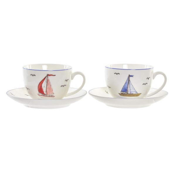 Σετ Κούπες Καφέ DKD Home Decor Ιστιοπλοϊκά Πορσελάνη Κόκκινο Μπλε (220 ml) (x2)