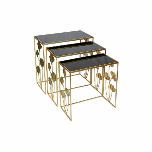 Σετ 3 Τραπεζάκια DKD Home Decor Κρυστάλλινο Μαύρο Χρυσό Μέταλλο Τροπικό Φύλλο φυτού (65 x 35 x 64,5 cm) (3 pcs)