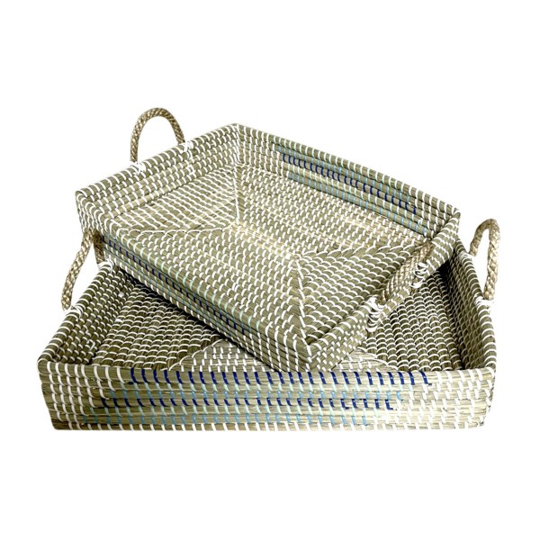 Σετ Δίσκων DKD Home Decor Φυσικό Τυρκουάζ Λευκό Τροπικό (48 x 38 x 15 cm)