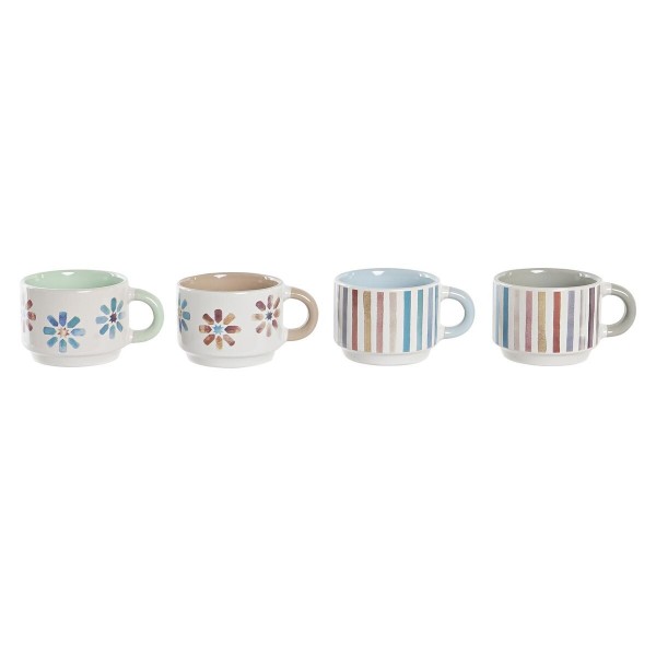 Σετ Κούπες Καφέ DKD Home Decor Ρίγες Blomster Μέταλλο Πήλινα (150 ml)